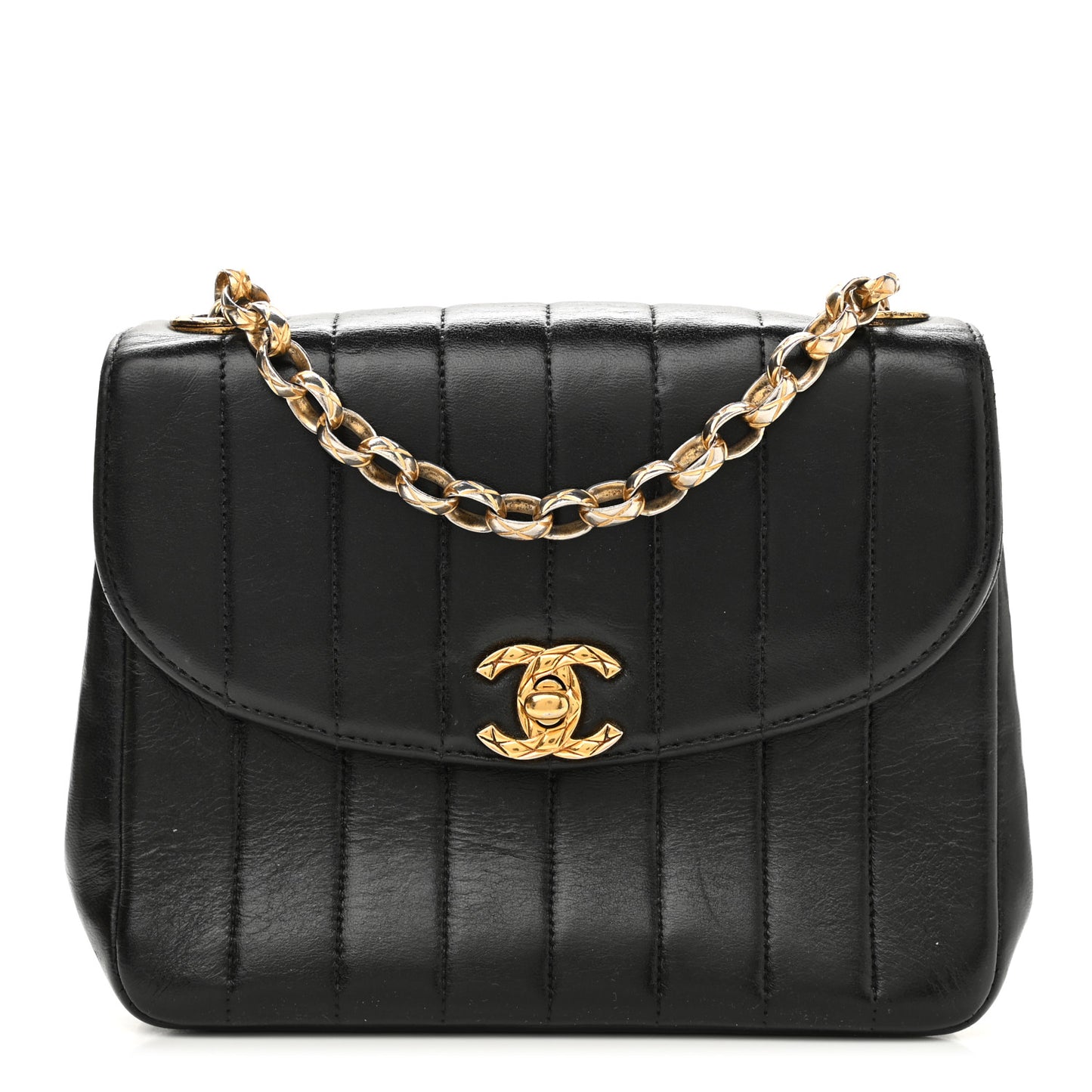 Lambskin Vertical Quilt Small Single Flap Black