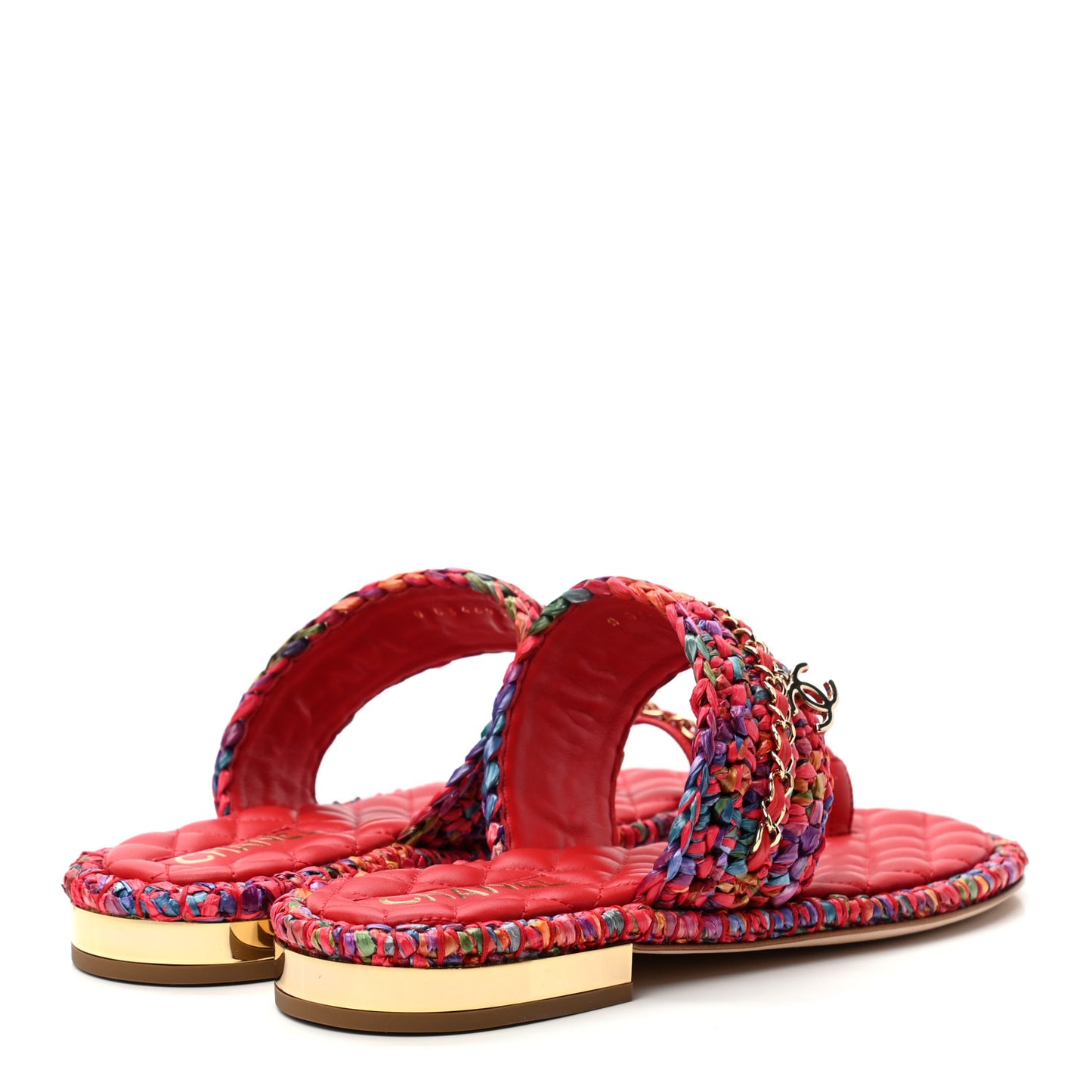 Raffia Lambskin Woven Chain CC Toe Ring Sandals 38.5 Red Multicolor