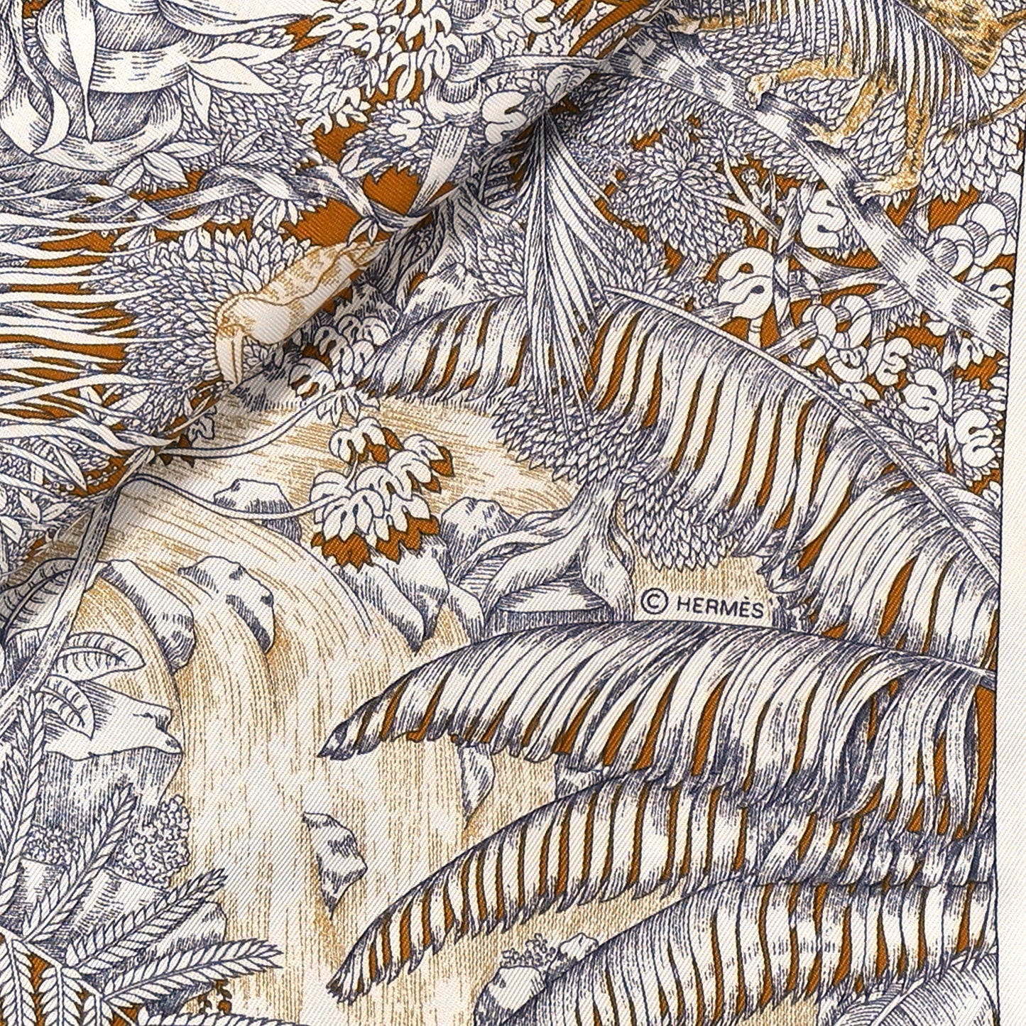 Silk Faubourg Tropical Scarf 90 Sepia White Caramel