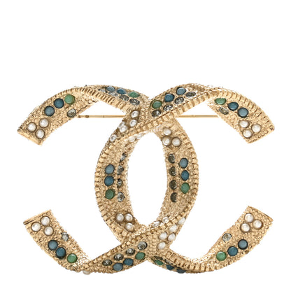 Chanel Pearl Crystal Twisted CC Brooch Gold Multicolor 1 of 5