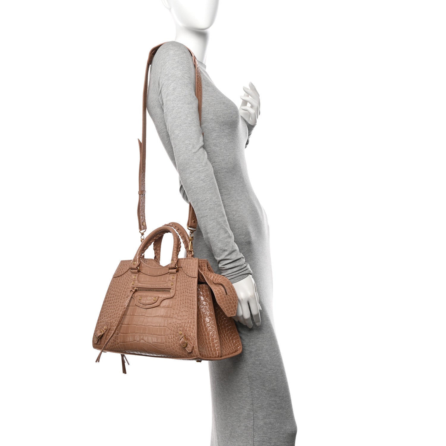 Balenciaga Shiny Supple Calfskin Crocodile Embossed Neo Classic Gold Hardware City Nude Beige 2 of 9