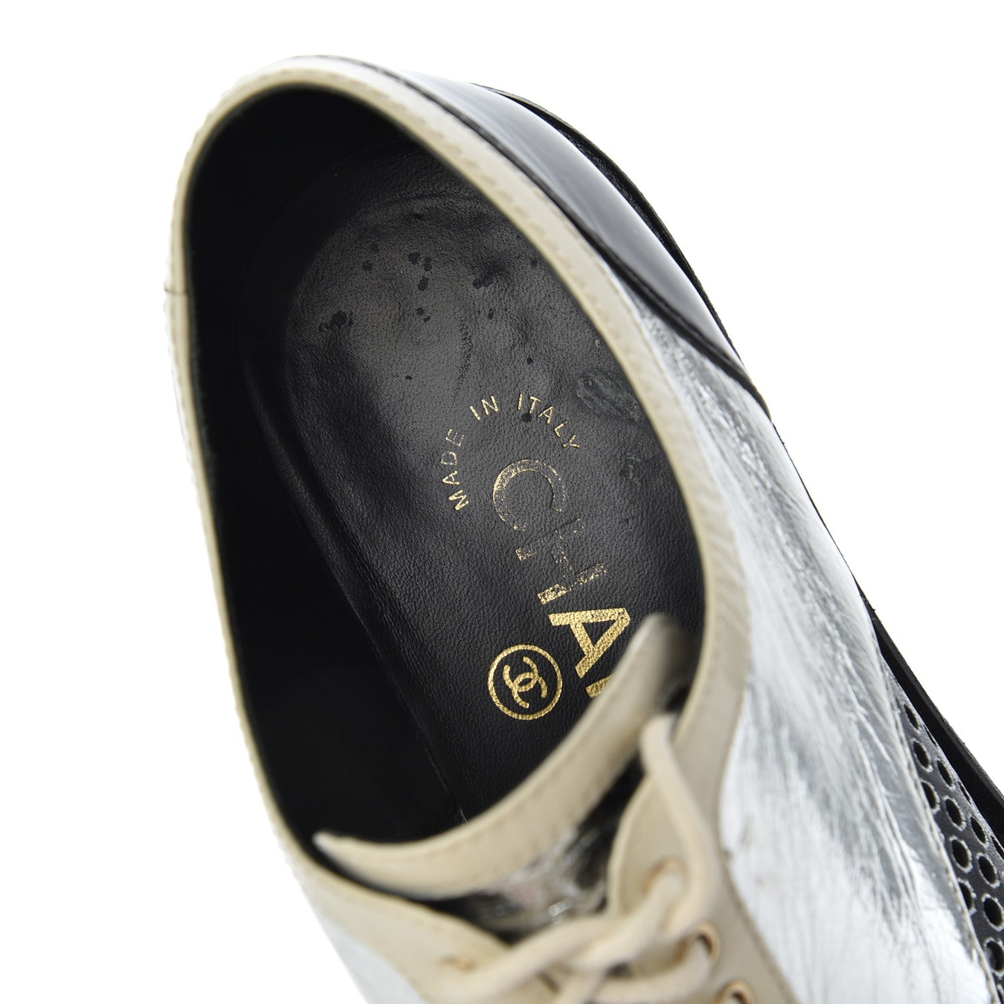 Metallic Crumpled Lambskin CC Lace Up Oxfords 36.5