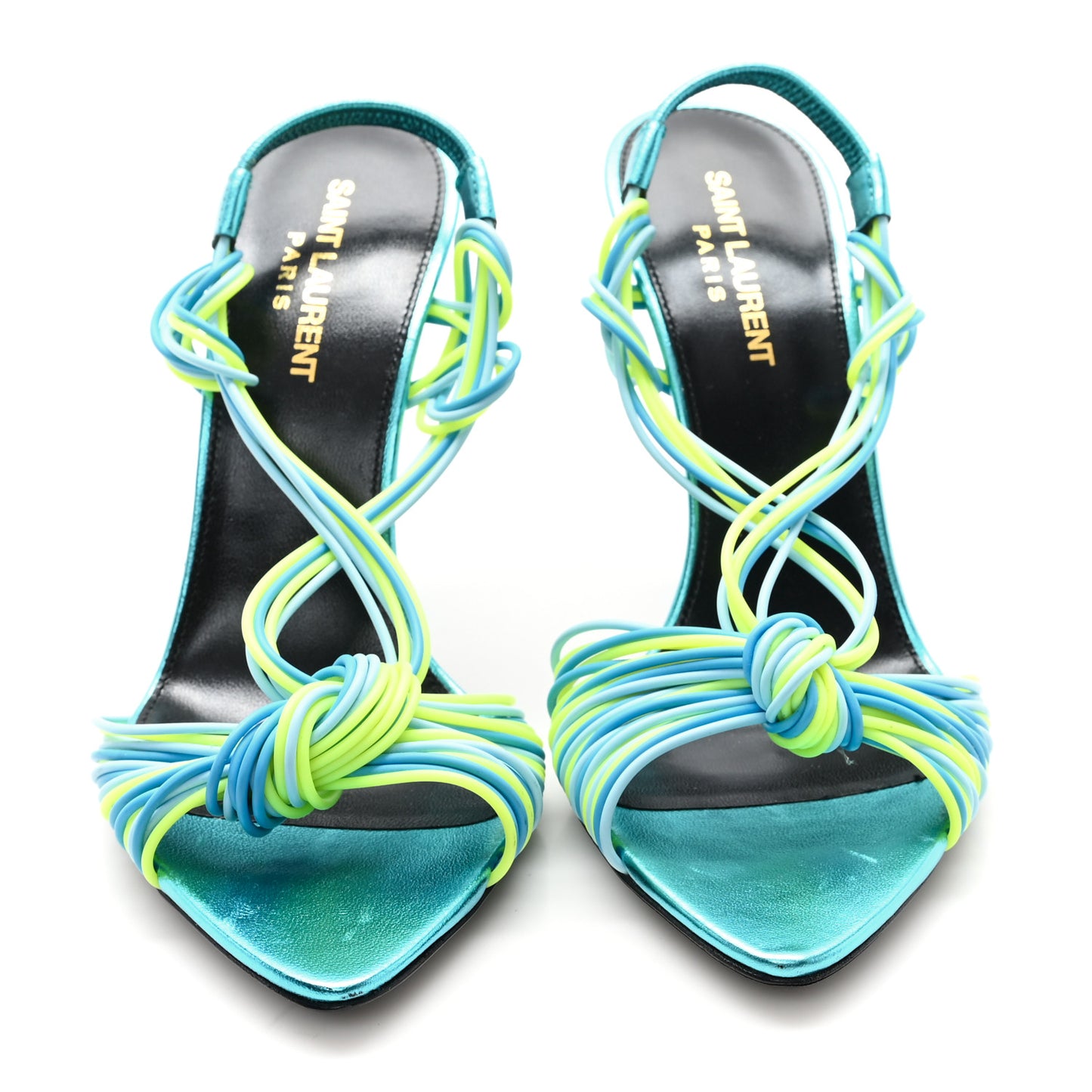 Metallic Calfskin Gippy 105 Sandals 38.5 Cerulean Giallo Fluo
