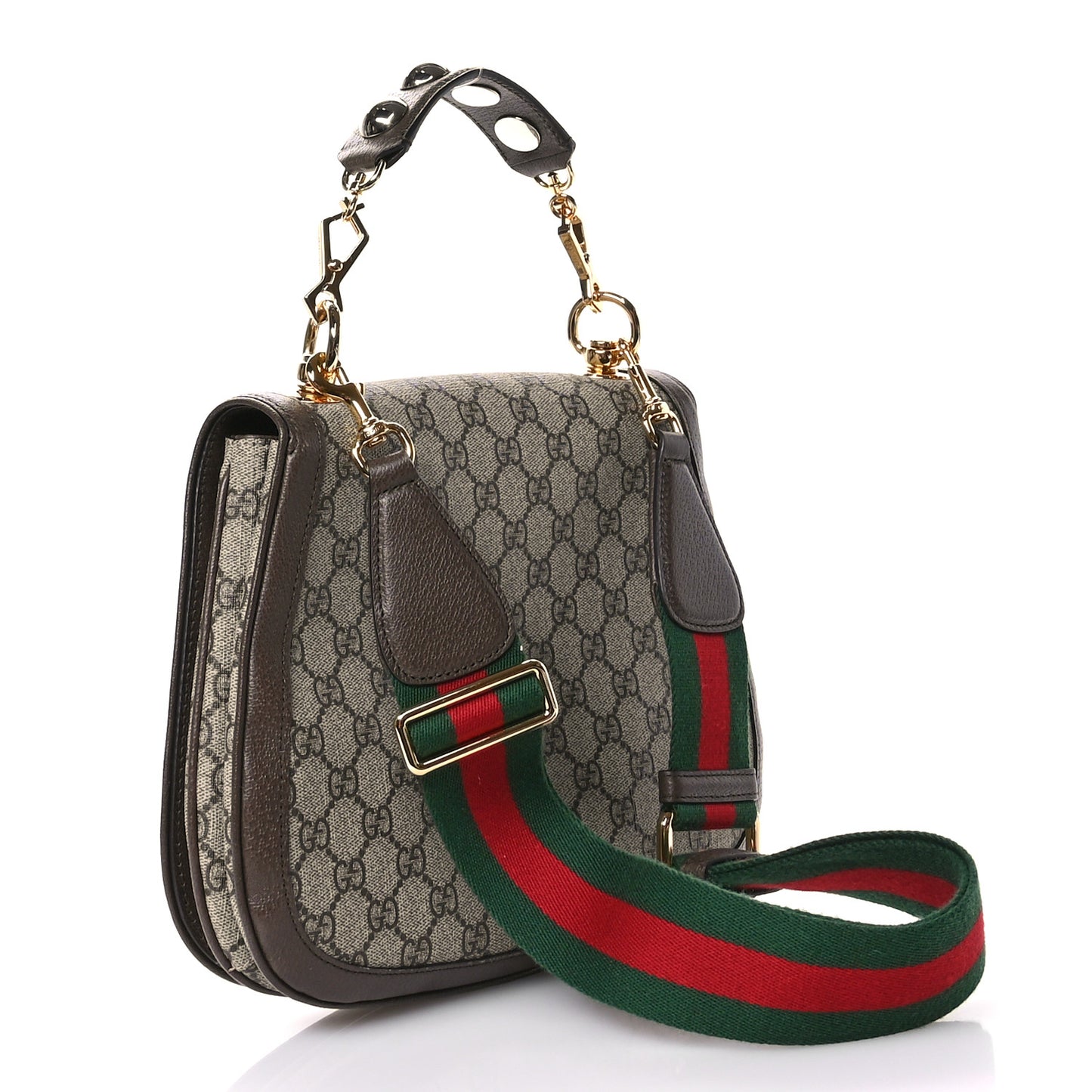 GG Supreme Monogram Textured Dollar Calfskin Web Medium Blondie Top Handle Shoulder Flap Bag Beige Ebony New Acero