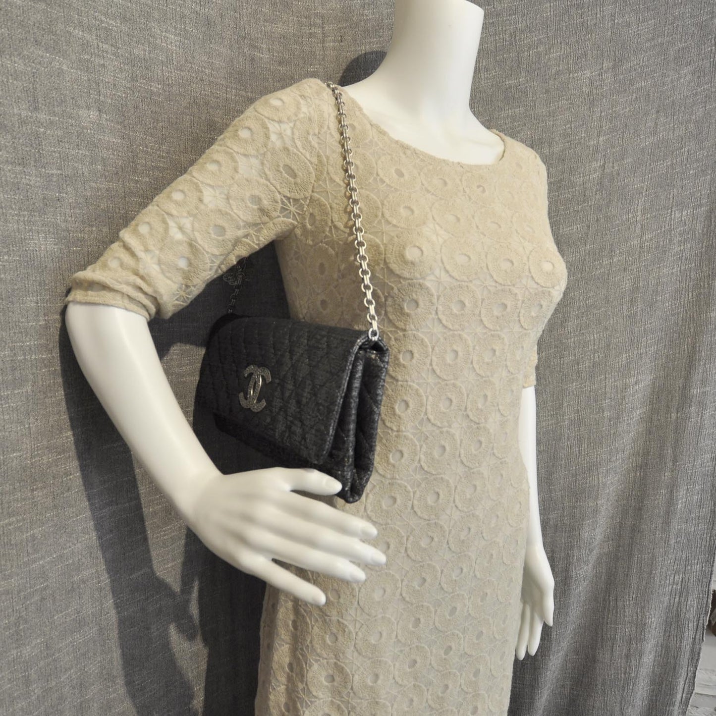Glitter Fabric Quilted Clutch w Butterfly Chain