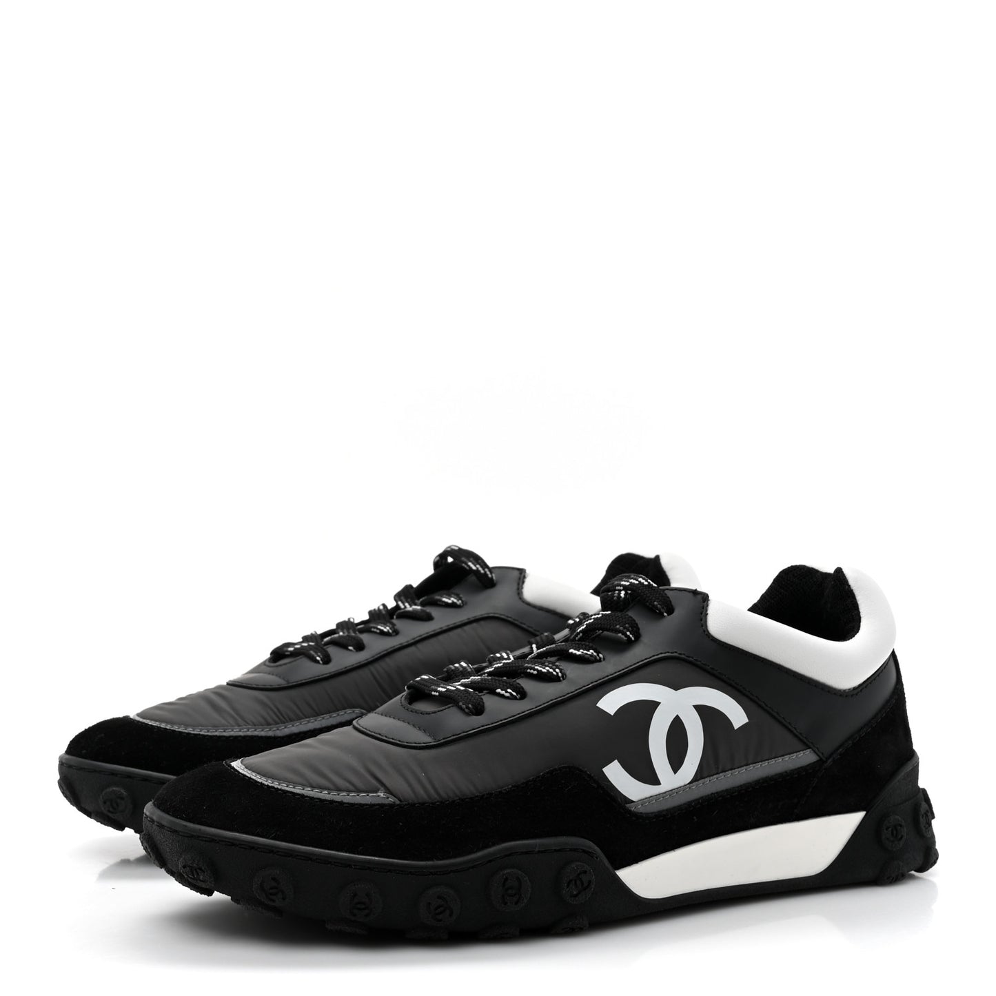 Nylon Calfskin Suede Womens CC Sneakers 40 Black Grey White