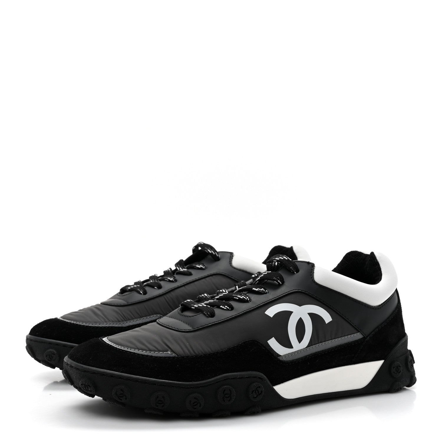 Chanel Nylon Calfskin Suede Womens CC Sneakers 40 Black Grey White 4 of 11