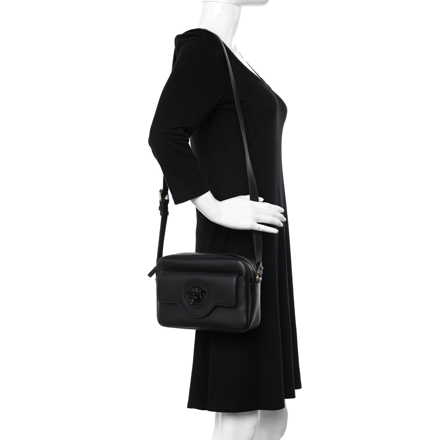 Grained Calfskin Medusa Camera Bag Black