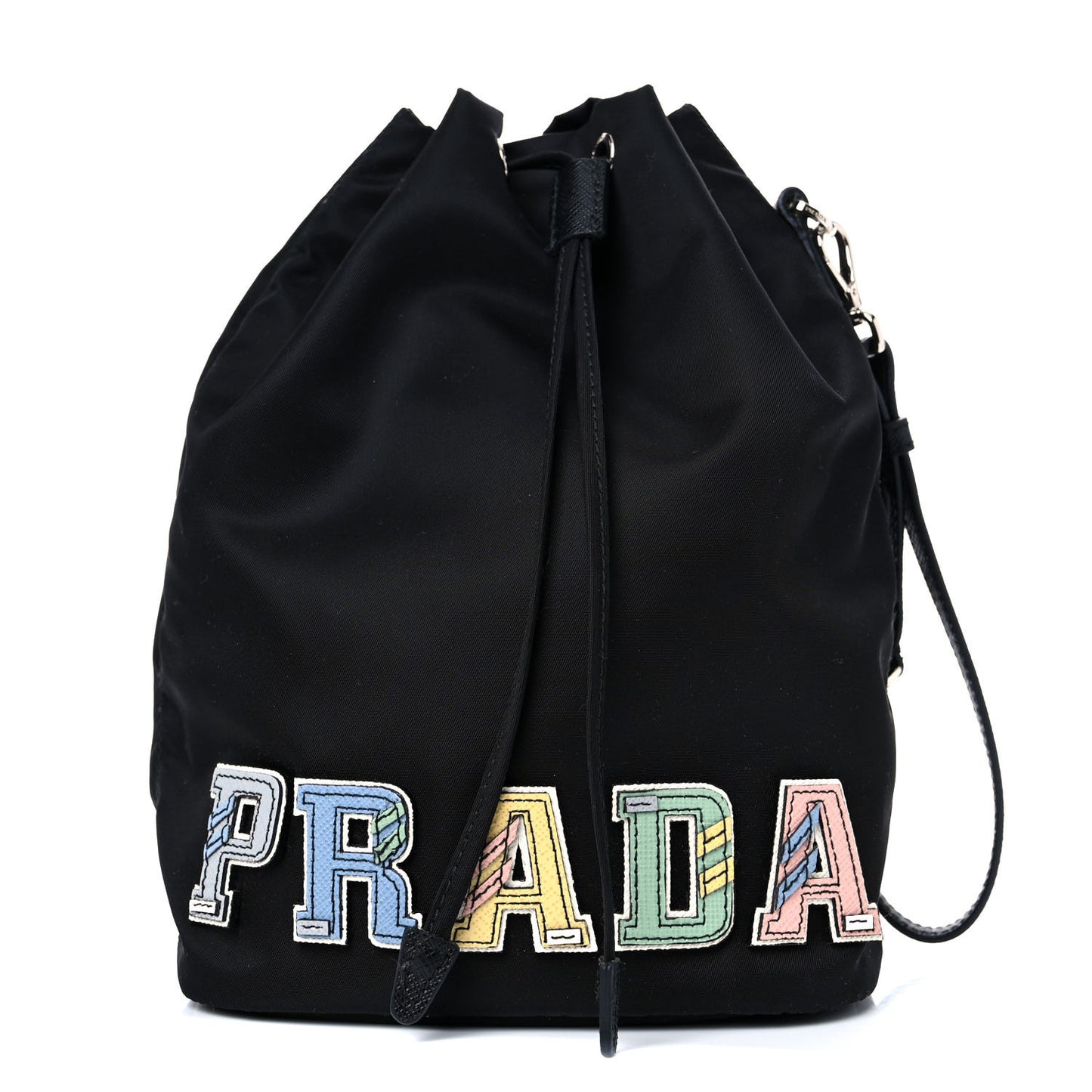 Saffiano Tessuto Nylon Vela Lettering Bucket Wristlet Black