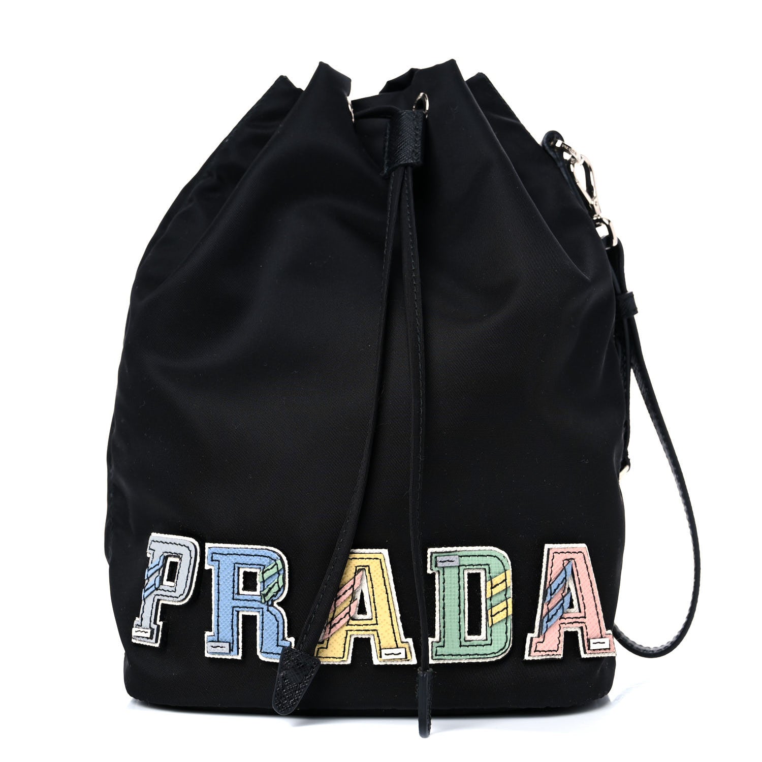 Prada Saffiano Tessuto Nylon Vela Lettering Bucket Wristlet Black 1 of 8