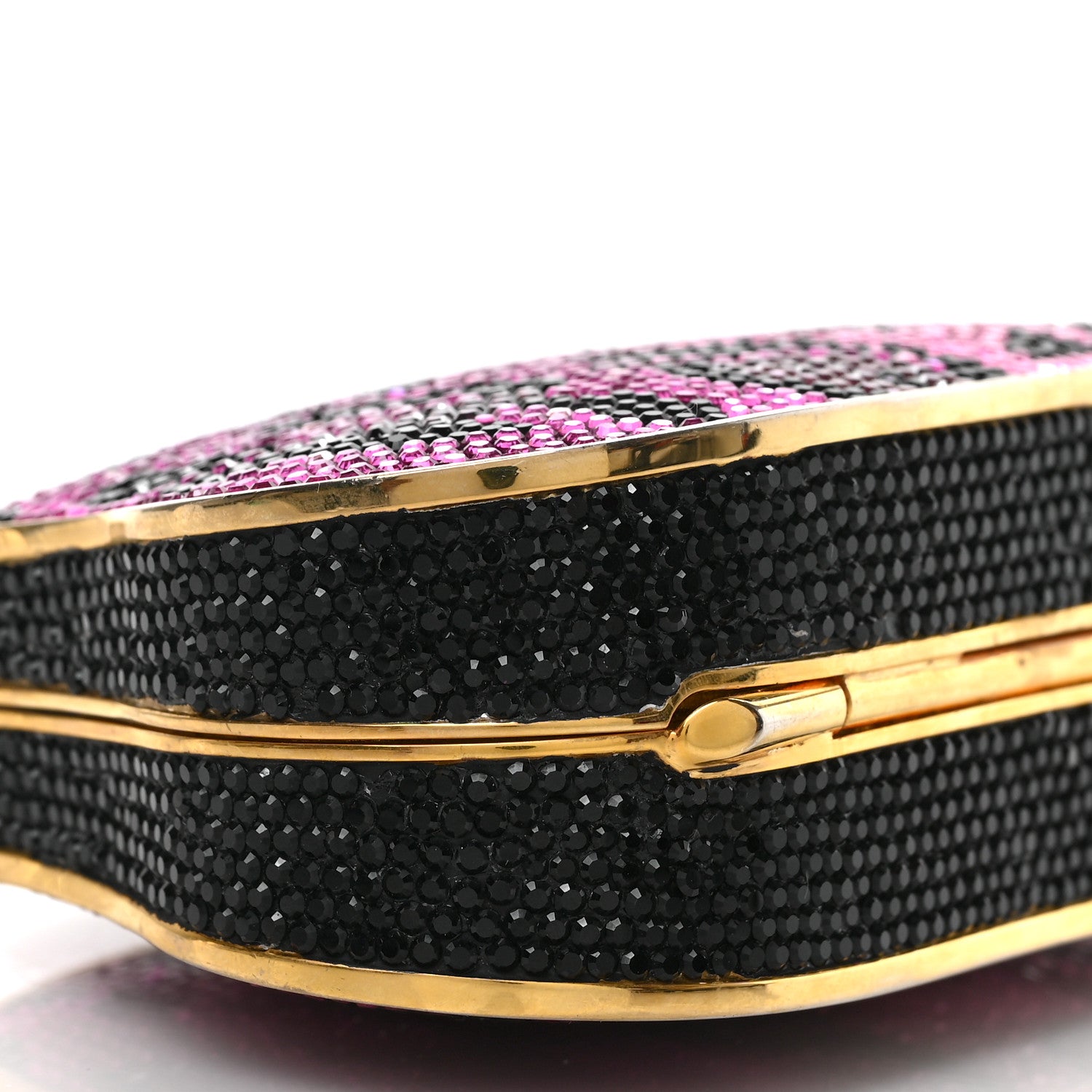 Judith Leiber Crystal Leopard Minaudiere Clutch Pink Black Gold 7 of 8