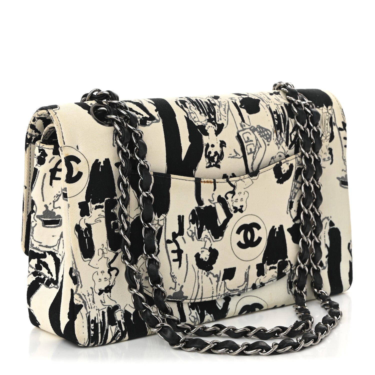 Chanel Canvas Coco Icons Medium Double Flap Black White 3 of 13