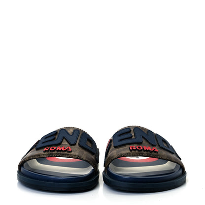 Fendi X FILA Glazed Fabric Calfskin FF 1974 Mania Mens Slide Sandals 5 Mogano Panna Blueberry Caipiroska 3 of 8