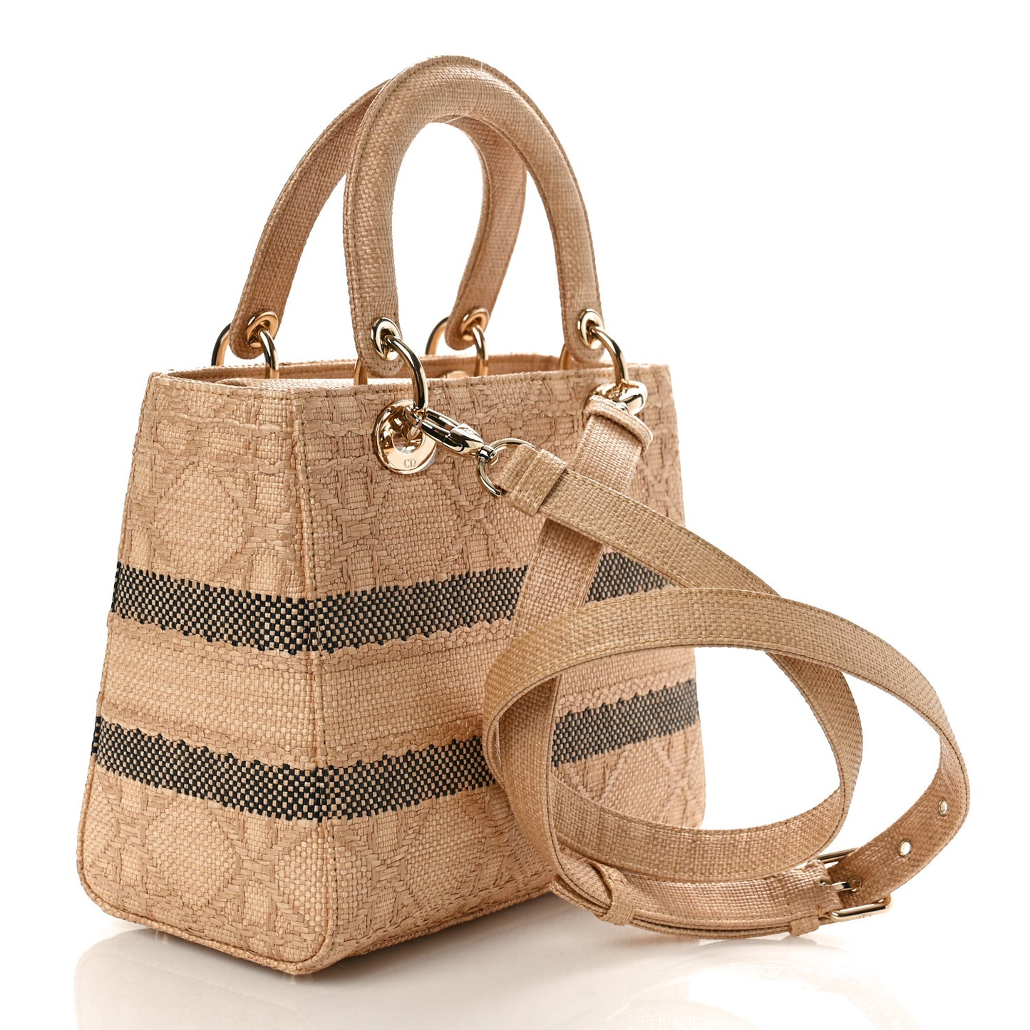 Raffia Woven Cannage Embroidered Medium Lady D-Lite Natural Black
