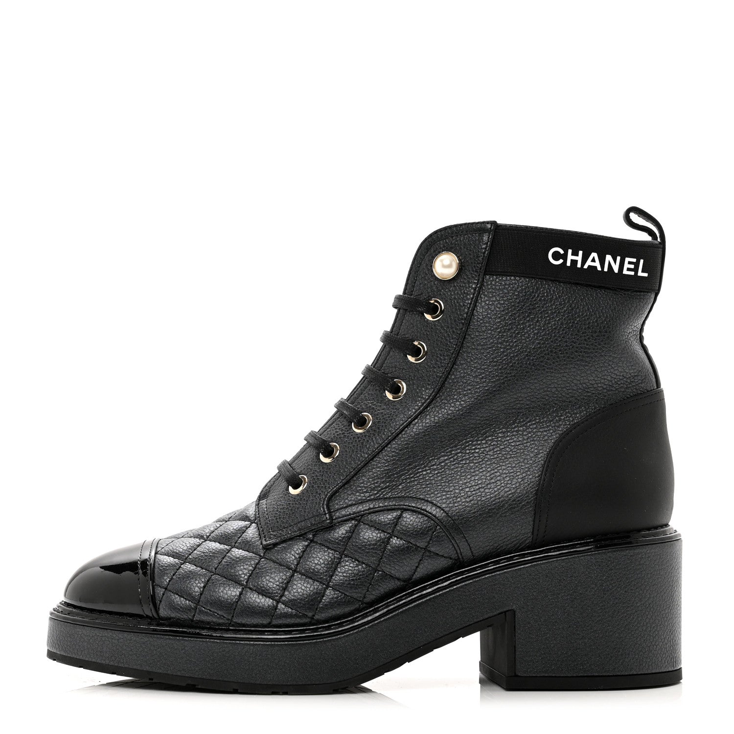 Chanel Pearly Calfskin Patent Calfskin Lace Up Combat Boots 38.5 Black 1 of 8