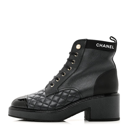 Chanel Pearly Calfskin Patent Calfskin Lace Up Combat Boots 38.5 Black 1 of 8