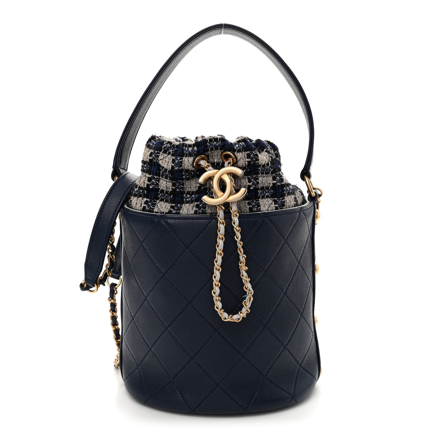 Chanel Calfskin Tweed Medium CC Chain Bucket Drawstring Bag Navy Blue Multicolor 1 of 10
