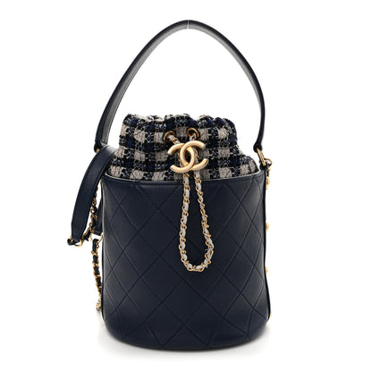 Chanel Calfskin Tweed Medium CC Chain Bucket Drawstring Bag Navy Blue Multicolor 1 of 10