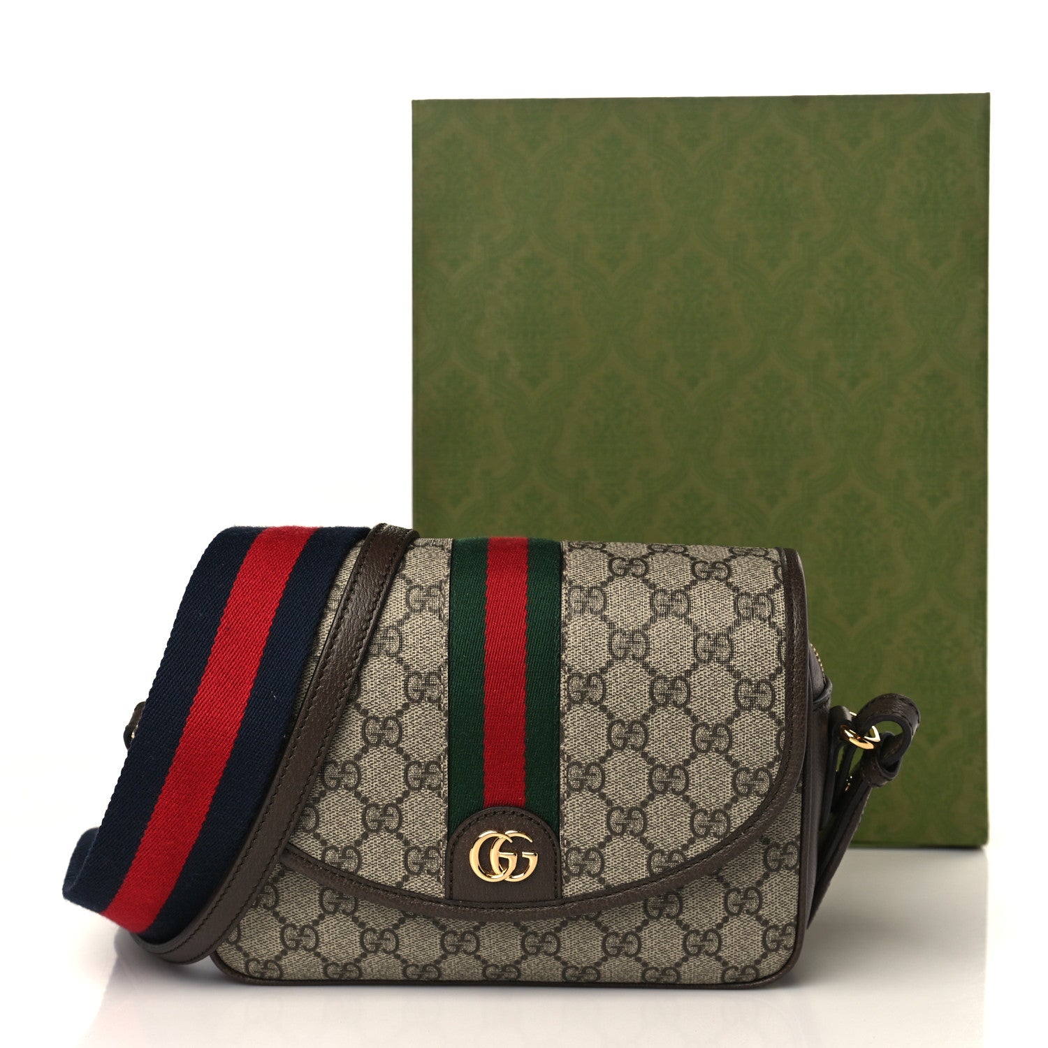 Gucci GG Supreme Monogram Textured Dollar Calfskin Web Studded Mini Ophidia Flap Shoulder Bag Beige Ebony New Acero 9 of 9