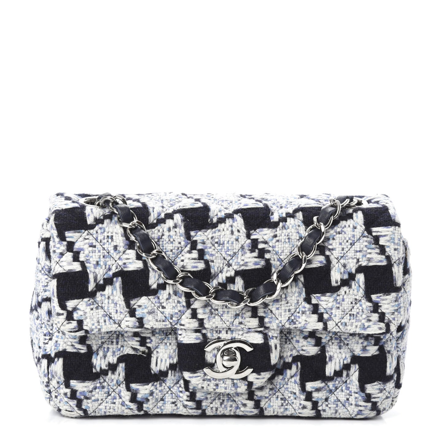 Tweed Quilted Mini Rectangular Flap Black White Light Blue