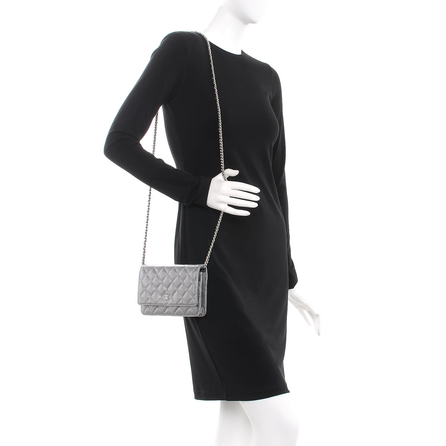 Chanel Metallic Calfskin Quilted Pixel Effect Wallet on Chain WOC Silver 2 of 8