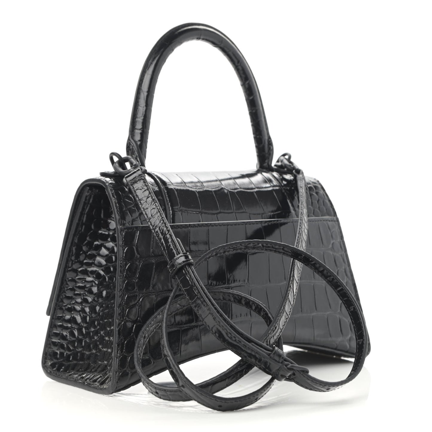 Shiny Calfskin Monochrome Crocodile Embossed Small Hourglass Top Handle Bag Black