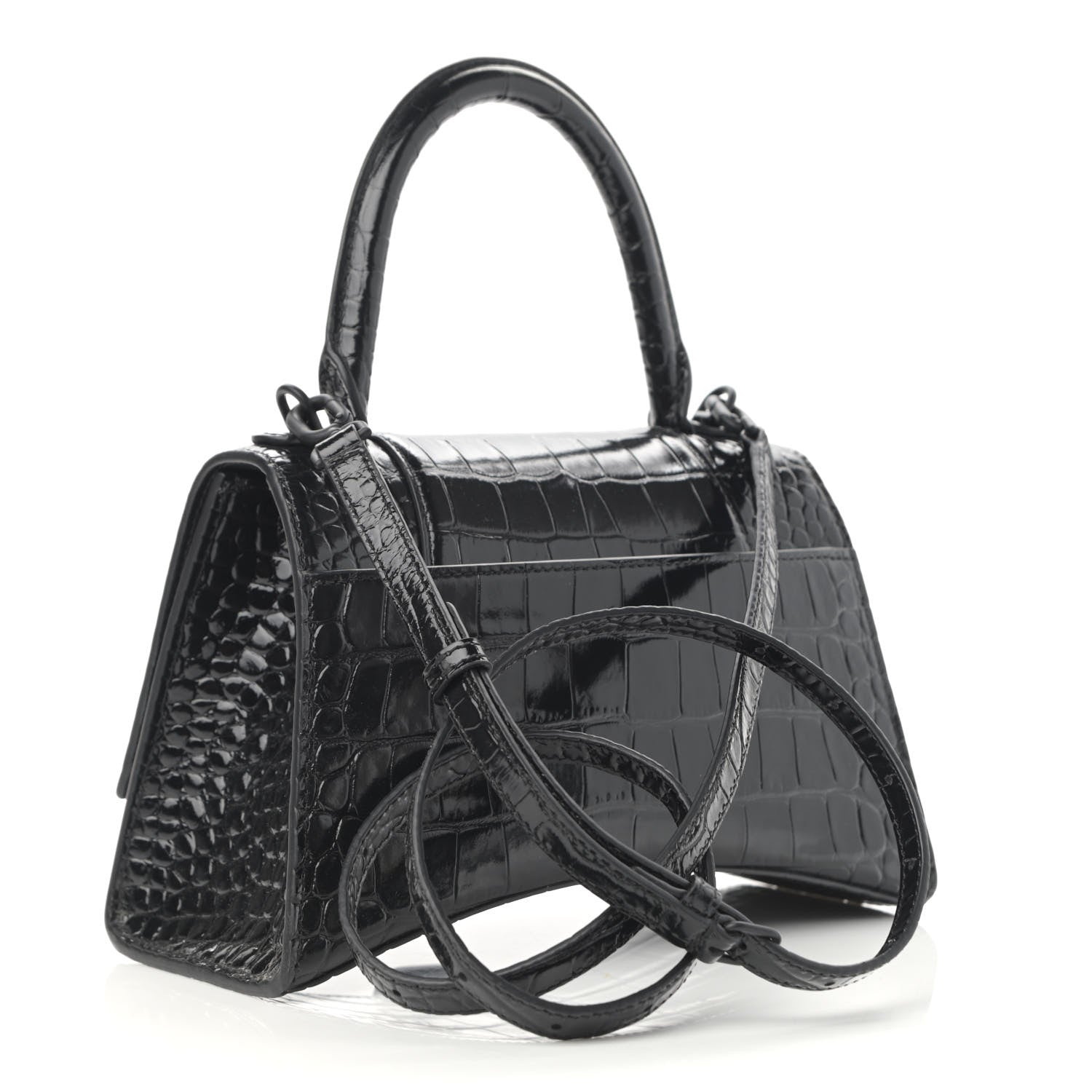 Balenciaga Shiny Calfskin Monochrome Crocodile Embossed Small Hourglass Top Handle Bag Black 3 of 13