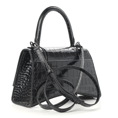 Balenciaga Shiny Calfskin Monochrome Crocodile Embossed Small Hourglass Top Handle Bag Black 3 of 13