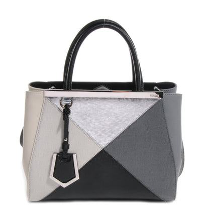 Fendi Vitello Elite Calfskin Colorblock Petite 2Jours Tote Black Multicolor White Argento 1 of 9