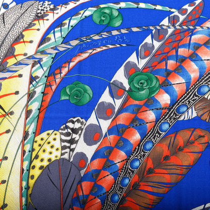 Hermes Cashmere Silk Plumes En Fete Shawl 140 Bleu Roy Jaune Rouge 3 of 7