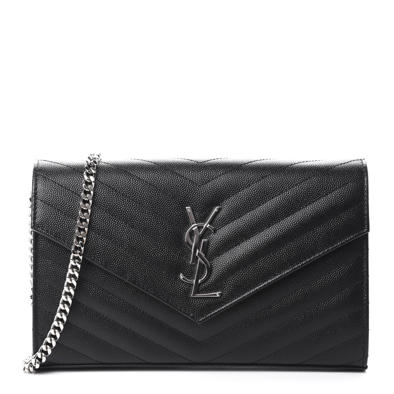 Saint Laurent Grain De Poudre Matelasse Chevron Monogram Chain Wallet Black 1 of 10
