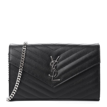 Saint Laurent Grain De Poudre Matelasse Chevron Monogram Chain Wallet Black 1 of 10