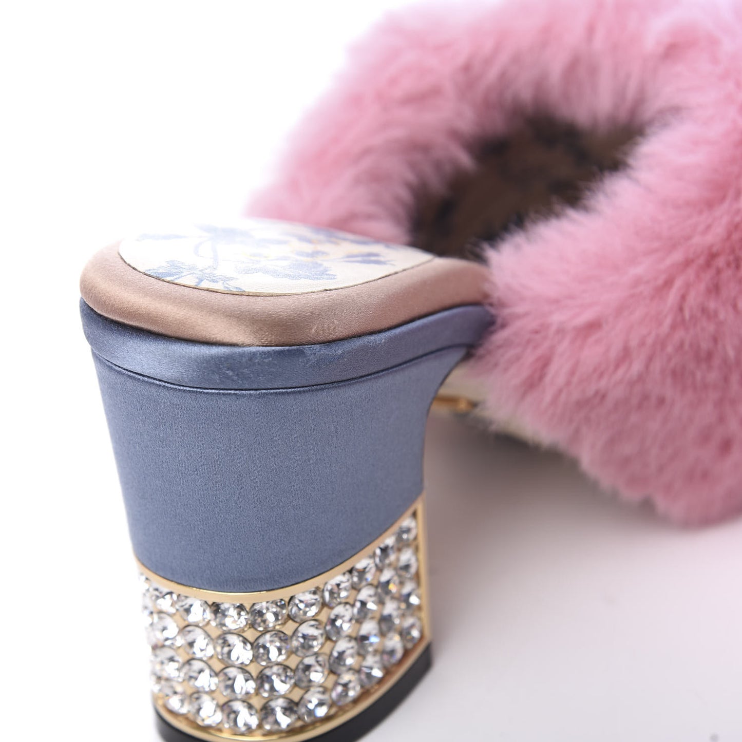Faux Fur Silk Satin Crystal Candy Mules 37 Rosa Carta Zucchero