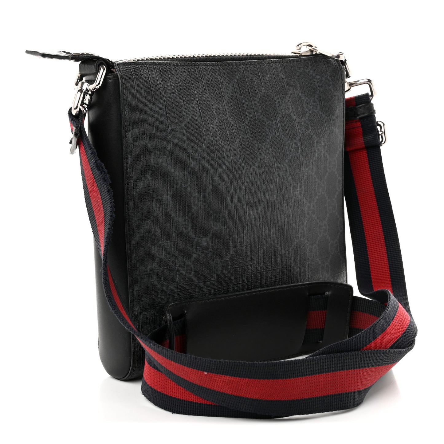 GG Supreme Monogram Web Small Flat Messenger Bag Black Grey Black Grey