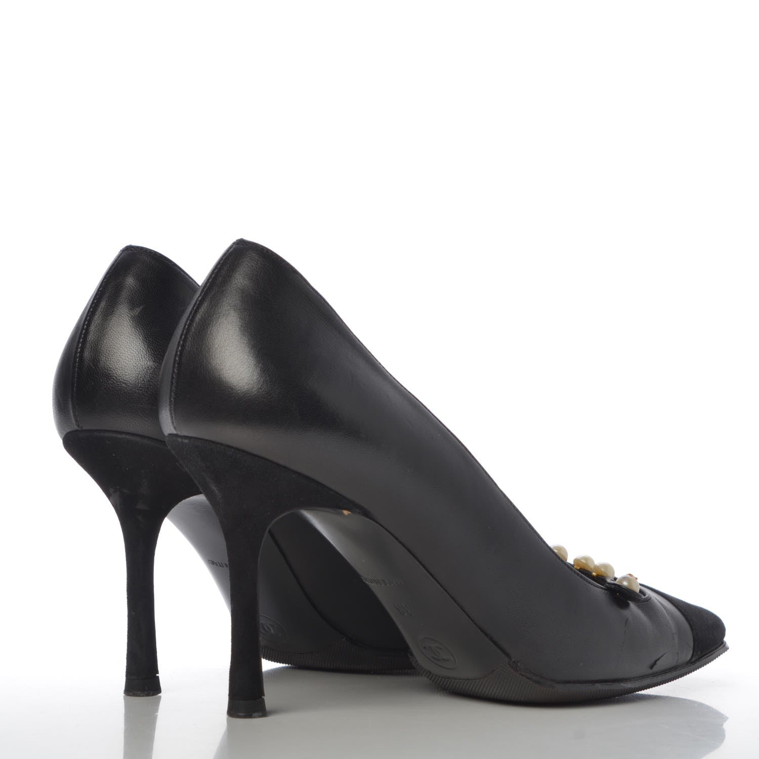 Chanel Lambskin Suede Cap Toe Pearl Pumps 38 Black 4 of 12