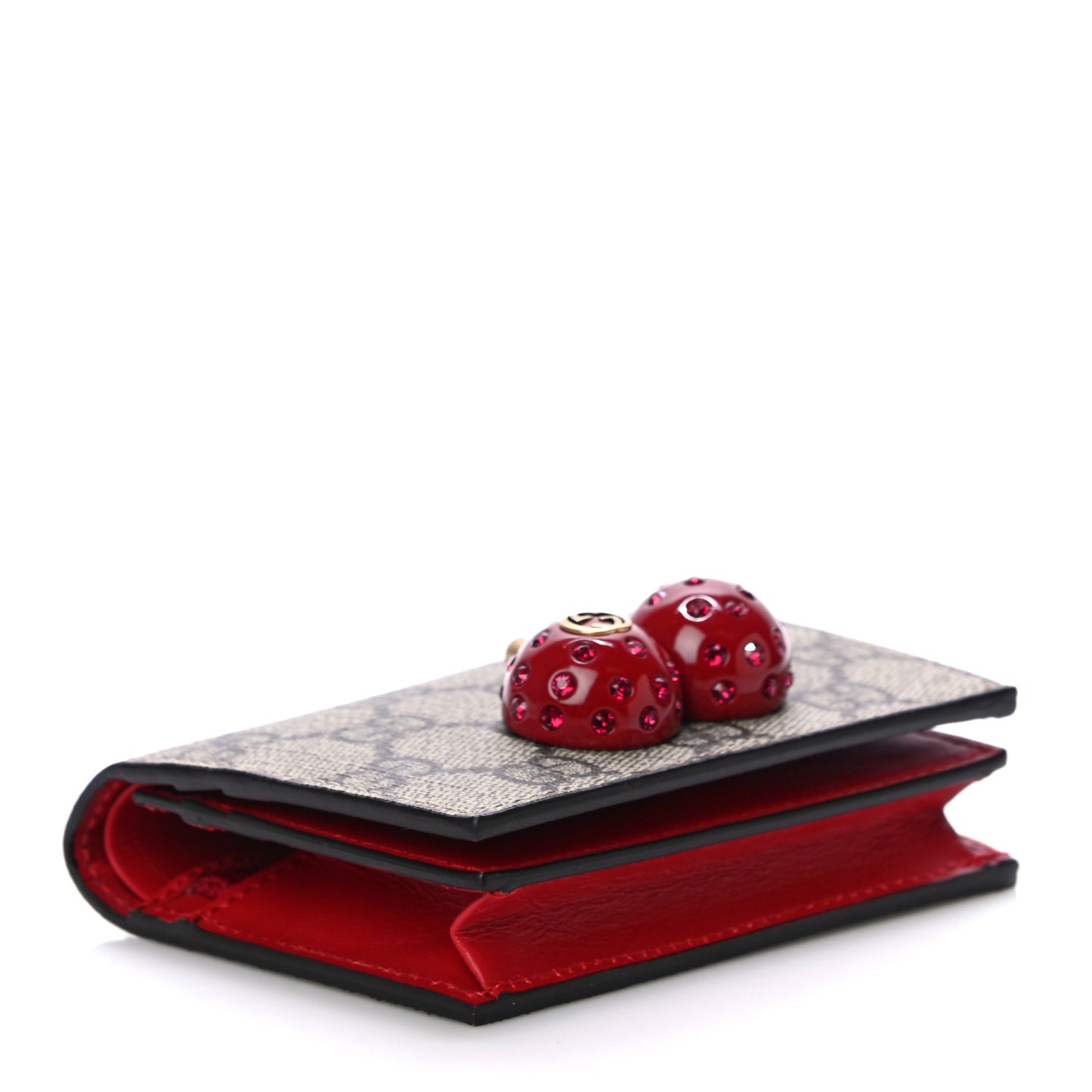 GG Supreme Monogram Cherry Embellished Card Case Wallet Hibiscus Red