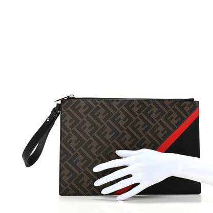 Fendi Glazed Fabric Vitello Liberty FF 1974 Diagonal Large Flat Pouch Tobacco Rosso Black 2 of 8