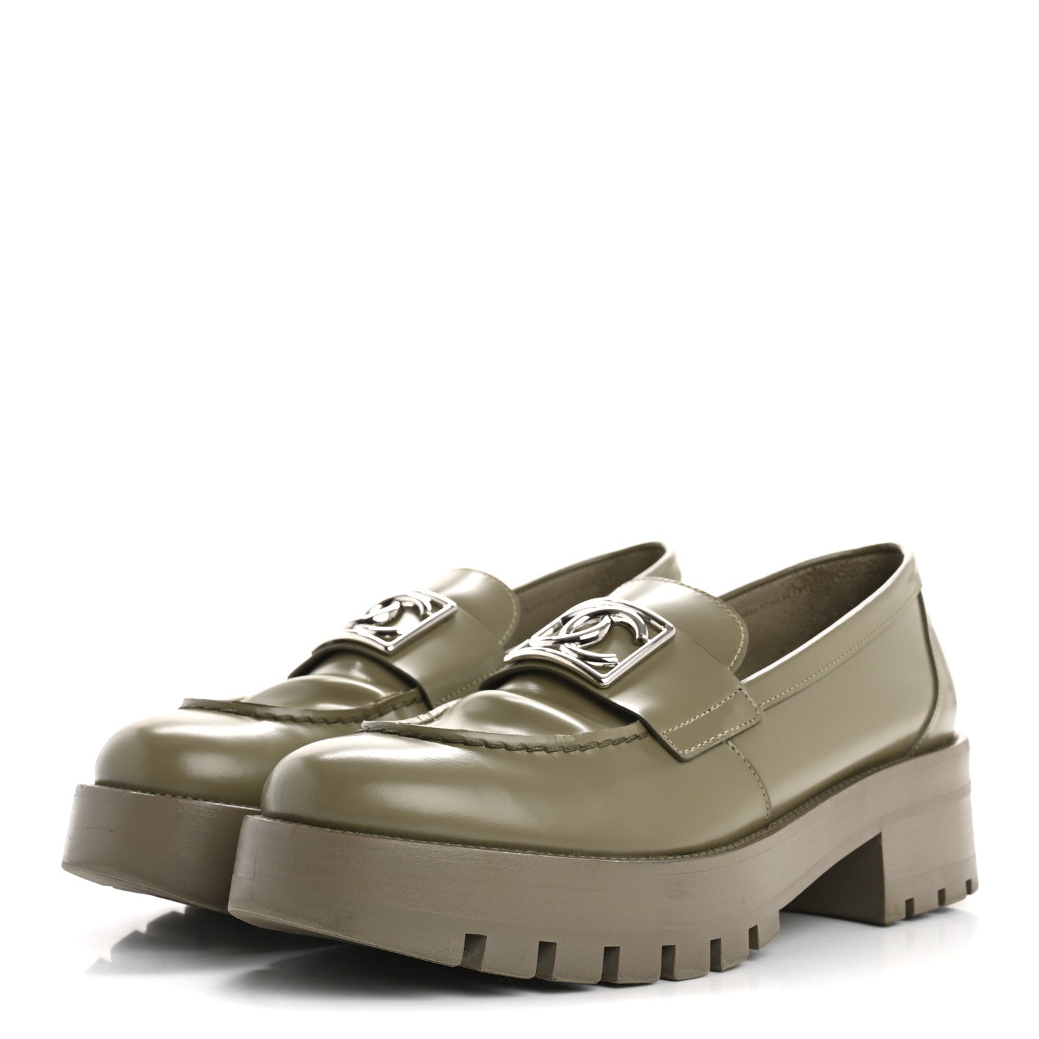 Chanel Calfskin Metal CC Loafers 38.5 Khaki 4 of 10