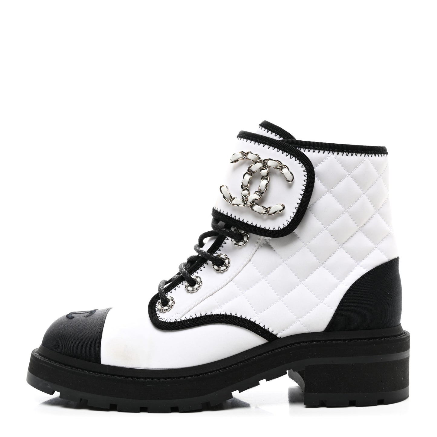 Fabric Grosgrain Quilted Cap Toe Lace Up Combat Boots 38.5 White Black