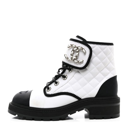 Chanel Fabric Grosgrain Quilted Cap Toe Lace Up Combat Boots 38.5 White Black 1 of 9