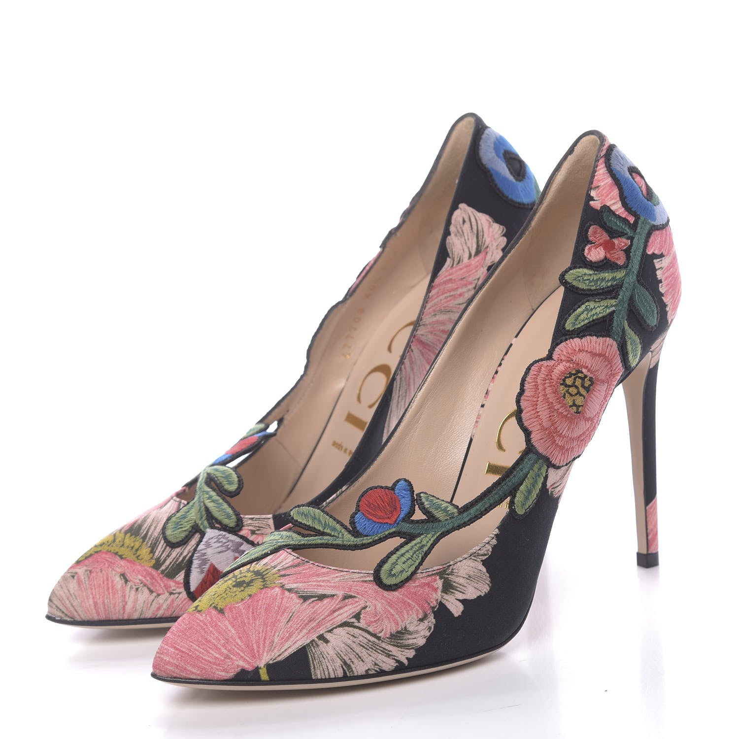 Gucci Canvas Flora Print Ophelia High Heel Pumps 40.5 Black Pink 3 of 9
