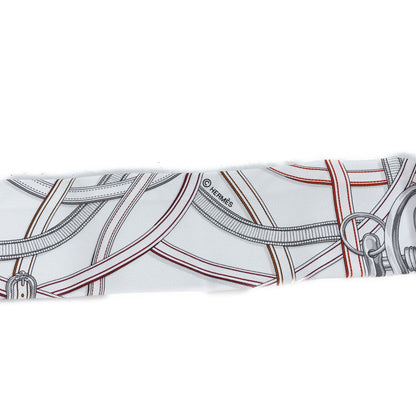 Hermes Silk Harnais Legendaire Twilly White Gris Perle Rouge H 3 of 3