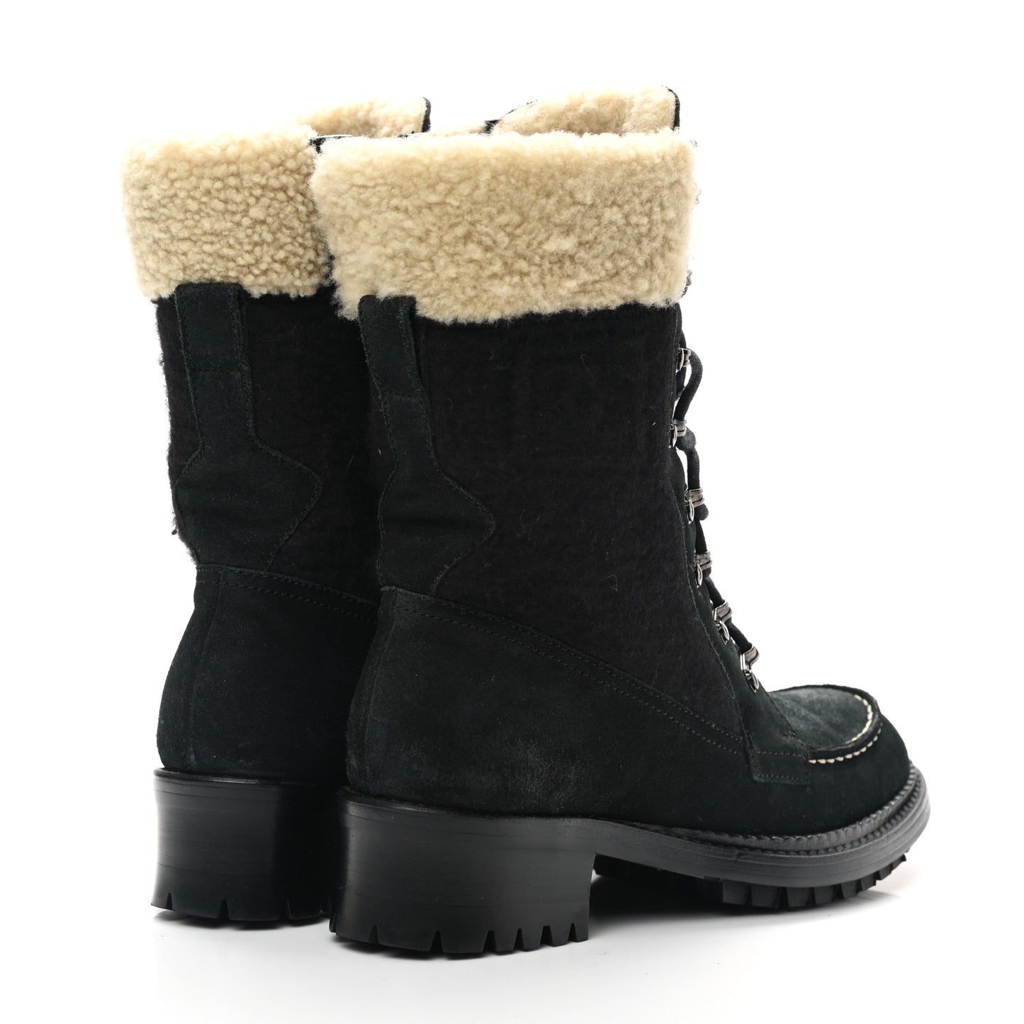 Suede Shearling CC Lace Up Combat Boots 36.5 Black
