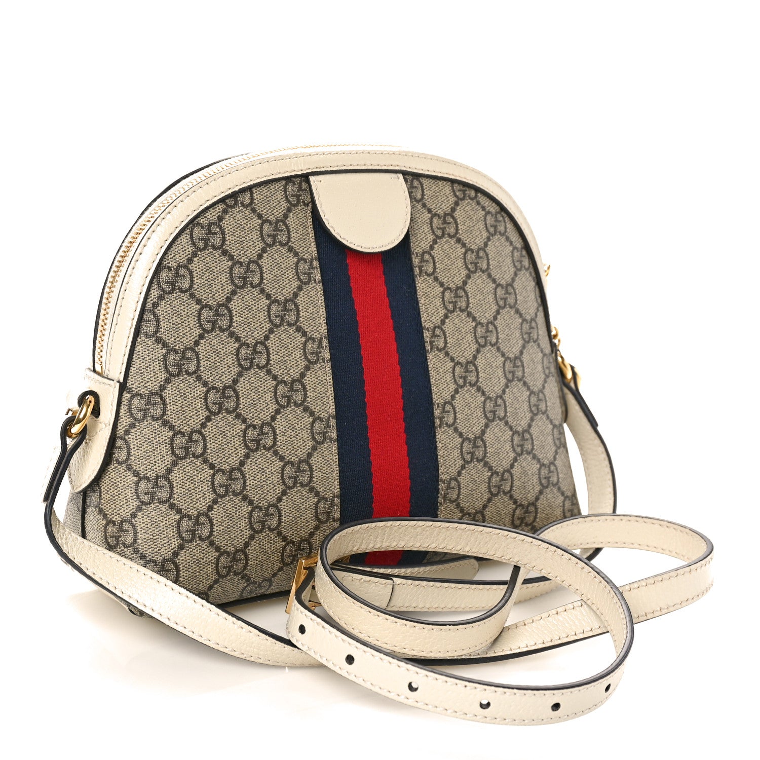 Gucci GG Supreme Monogram Textured Dollar Calfskin Web Small Ophidia Dome Shoulder Bag Beige Ebony Mystic White 3 of 9