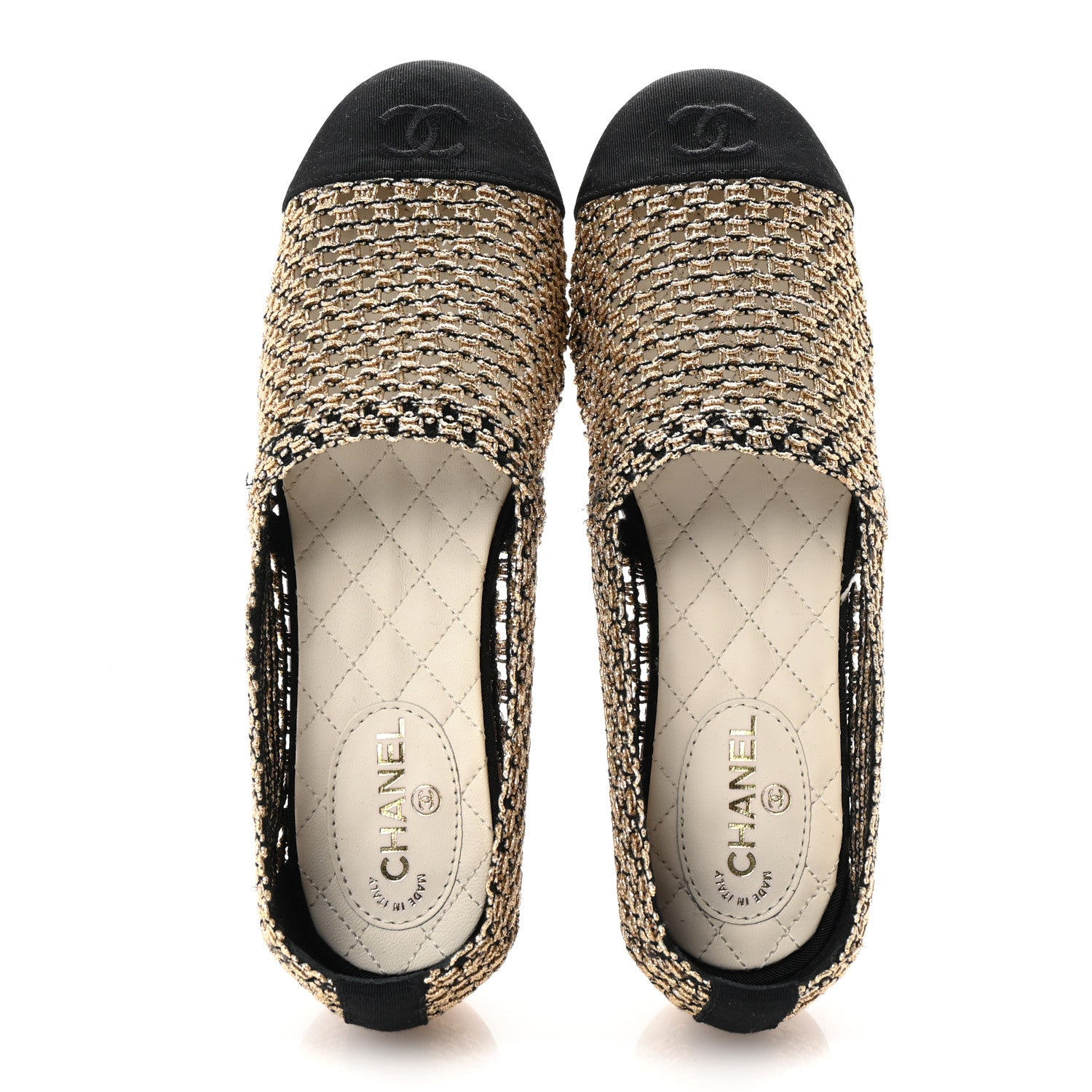 Chanel Knit Grosgrain Cap Toe CC Moccasin Loafers 36 Gold Black 2 of 9