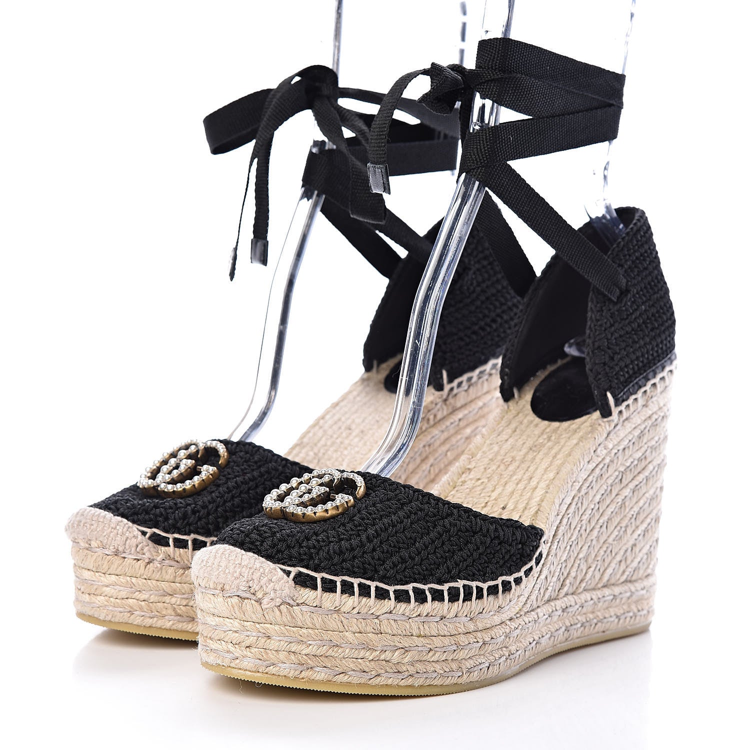 Gucci Cotton Crochet Pearly GG Ankle Wrap Platform Espadrille Wedges 39 Black 3 of 10