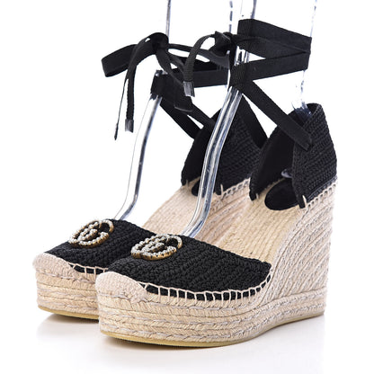 Gucci Cotton Crochet Pearly GG Ankle Wrap Platform Espadrille Wedges 39 Black 3 of 10