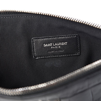 Saint Laurent Calfskin Crocodile Embossed Monogram Zip Pouch Black 7 of 9