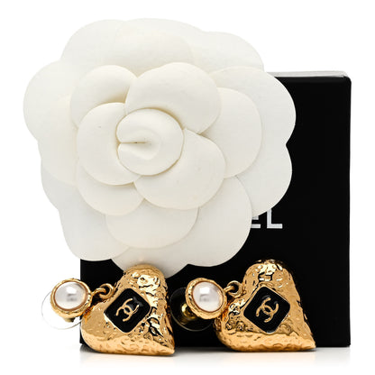 Chanel Metal Pearl Resin CC Heart Drop Earrings Gold Black 5 of 5