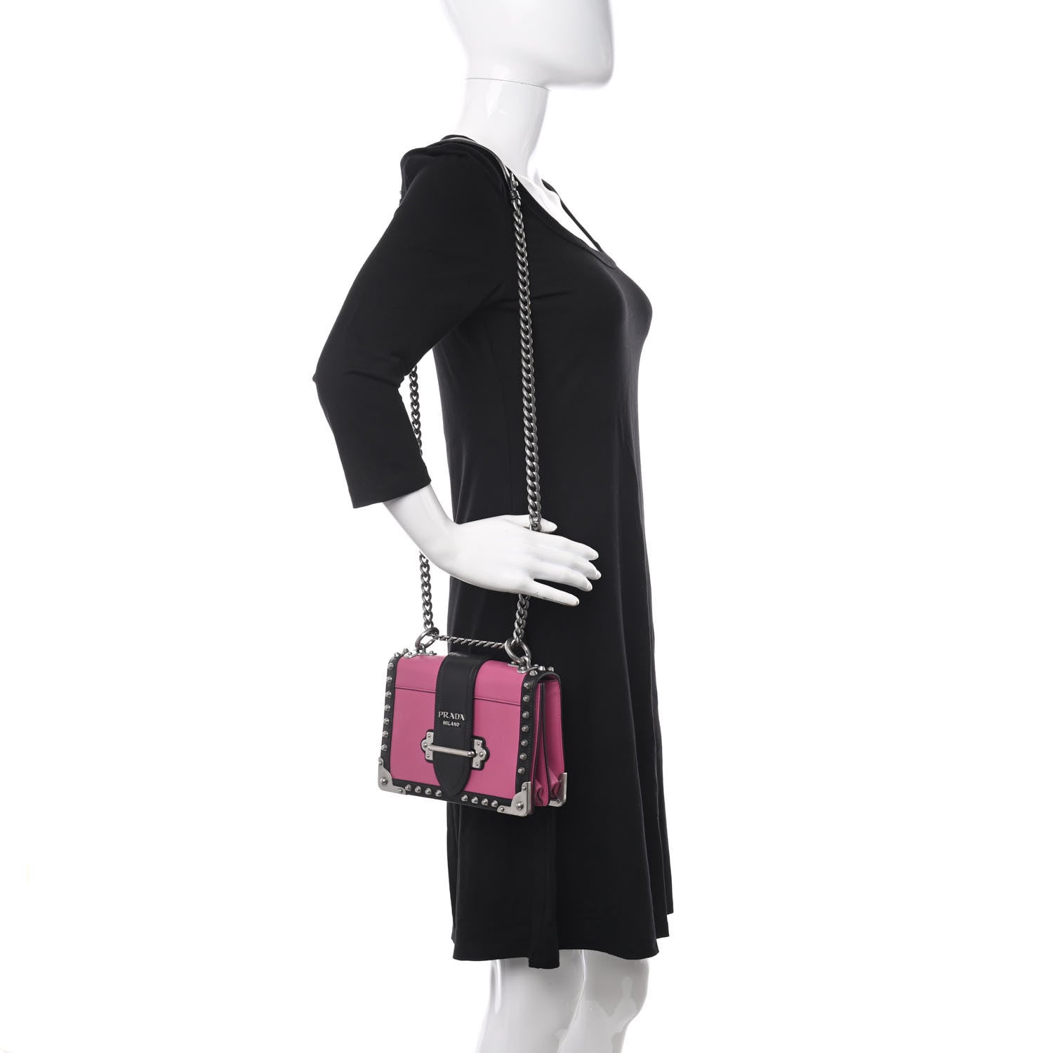 Prada City Calf Saffiano Studded Cahier Bag Fuxia Black 2 of 15